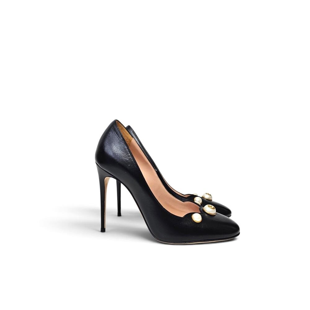 GUCCI Willow Pearl Pumps Scalloped GG Black Leather High Heels Size 37.5 US 7.5